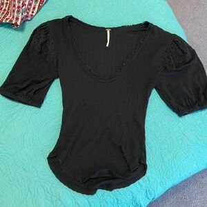 Free People women tee with lace sleeve detail